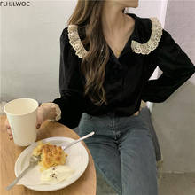 New Japan Style Girls Feminine Blusas Women Patchwork White Lace V Neck Tops Solid Colar Black Single Breasted Button Shirts 2024 - buy cheap