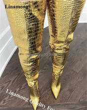 Linamong сексуальный острый носок золотой узор кожа высокий тонкий каблук сапоги до бедра тонкий Стиль супер длинные, с высоким каблуком; вечерние шпильки 2024 - купить недорого