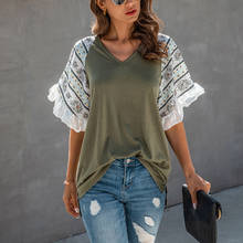 Fashion Ruffles Print Tunic Blouse Patchwork Loose V-Neck Tops Casual Summer Ladies Female Women Short Sleeve Blusas Pullover 2024 - buy cheap