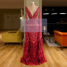 Junoesque-Vestidos de Noche de sirena roja hasta el suelo, con plumas y cuentas, Vestido Formal de fiesta, 2020 2024 - compra barato