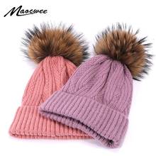 Otoño Invierno de las mujeres pompón punto sombrero gorro de lana de las mujeres ocasionales es Real de piel de mapache Pom pom sombrero mujer esquí gorra 2024 - compra barato