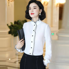 Blusa feminina com babados gola alta, camiseta de chiffon preta branca para escritório, para primavera e outono, 2019 2024 - compre barato