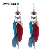 Fashion women indian style lady feather bohemia vintage silver-color girl engagment anniversary 12CM drop earrings 2024 - buy cheap