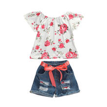 1-6Y Summer Baby Girls Clothes Sets 2pcs Flowers Print Ruffles Short Sleeve T Shirts Tops+Denim Shorts 2024 - buy cheap