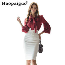 Plus Size 2019 Autumn Winter Modis OL Work Office Two Piece Set Red Chiffon Blouse with Bow and White Wrap Bodycon Skirt Suit 2024 - buy cheap