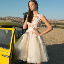 Vestido de novia corto de tul con cuello redondo, prenda de novia con Apliques de encaje 3D, color champán 2024 - compra barato