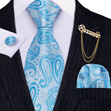 Fashion Designer Blue Paisley Men Tie Gold Brooches Silk Tie Handkerchief Set Neck Tie For Men Groom Gift Business Barry.Wang 2024 - buy cheap