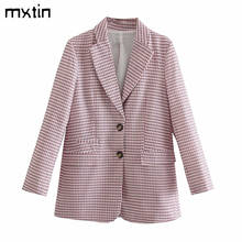 MXTIN 2021 Women Vintage Office Lady Double Breasted Blazers Coat Fashion Plaid Notched Collar Long Sleeve Outerwear Chic Tops 2024 - buy cheap