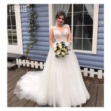Jieruize vestido de noiva branco, de manga longa, com jóias do pescoço botão, costas, apliques de vestido de jardim 2024 - compre barato