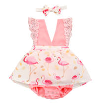 2021 0-24M Cute Infant Baby Girl Romper Dress Cartoon Flamingo Pirnt V Neck Lace Sleeveless Playsuit Dress+Bow Headband 2pcs 2024 - buy cheap