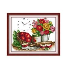 Kit de punto de cruz de flores y frutas, lienzo estampado con cuentas, reloj de pared, bordado, costura artesanal, hecho a mano, 14ct, 11ct 2024 - compra barato