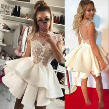 Modest Crew Tiers Homecoming Dresses Satin Applique 2019 Arabic Cheap Short Prom Dress Cocktail Party Club Wear 2024 - buy cheap