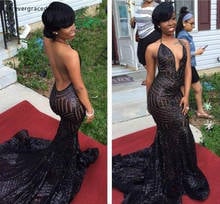 2019 Black Sequins Mermaid Afican Prom Dress New Sleeveless Long Formal Holidays Wear Graduation Evening Party Gown Custom Made 2024 - buy cheap