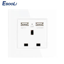 Esooli Wall Power Socket Crystal Glass Panel Dual USB Charging Port 2.1A Wall Charger Adapter 13A UK Standard Socket 110~250V 2024 - buy cheap