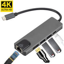 USB C до 4K HDMI Rj45 USB 3,0 type C порт зарядки 5 в 1 концентратор гигабитный Ethernet Lan адаптер Macbook Pro Thunderbolt 3 2024 - купить недорого