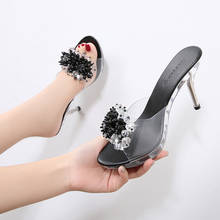 Шлепанцы на каблуке; Прозрачные летние сандалии со стразами и жемчужинами; Женские пикантные туфли на высоком каблуке 9 см; Цвет Черный 2024 - купить недорого