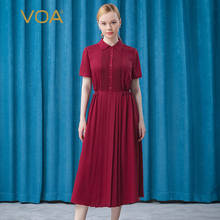 VOA Silk Jacquard Sunset Red POLO Collar Three Dimensional Pleated Bud Elastic Waist Slim Short Sleeve Dress AE631 2024 - buy cheap