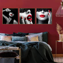 Pintura de arte en lienzo de moda moderna, hilo negro, labios rojos, belleza, decoración para sala de estar, imagen colgante de pared, sin marco 2024 - compra barato