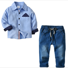 Conjunto de roupas masculinas para meninos, 2 a 8 anos, camiseta de cavalheiro para crianças, calças jeans lavadas, 2 peças 2024 - compre barato