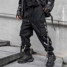 Men street punk hip hop cargo pants ribbons patchwork multi pockets joggers man casual sweatpants elastic waist harem pants 2024 - buy cheap