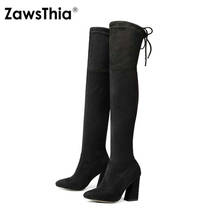 ZawsThia 2020 new luxury brand faux suede leather block high heels woman boots over the knee high botas women overknee boots 2024 - buy cheap