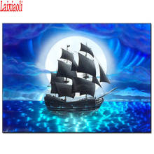 Pintura de diamantes 5D DIY, bordado de diamantes de imitación cuadrados y redondos, paisaje de barco de mar azul y Luna, mosaico de decoración de arte 2024 - compra barato