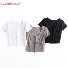 LUNDUNSHIJIA Fashion Sexy 2021 Summer Woman Slim Fit T-Shirt Tight Cotton Short-Sleeve V-Neck Tee Crop Tops 2024 - buy cheap