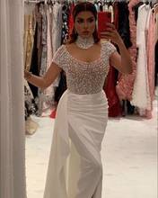 White Pearls Arabic Kaftan Evening Dress 2022 Short Sleeves High Neck Dubai Formal Gowns Long Ladies Prom Wear Robe De Soriee 2024 - buy cheap