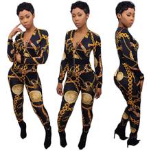 OKAYOASIS Women Gold Chain Printed Jumpsuits Hip Hop Style White Black Rompers 2017 Lady Deep V Top and Pants Overalls Outfits 2024 - buy cheap