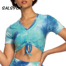 SALSPOR Tie-Dye Crop Women Drawstring T shirt Fitness Gym Sexy Short Sleeve T-shirts V-Neck Workout Summer Active Clothes 2024 - buy cheap