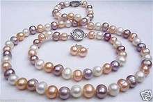 Ожерелье с пресноводным жемчугом 7-8 мм, белое, розовое, фиолетовое, + браслет + серьга 7,5 дюйма 2024 - купить недорого