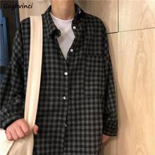 Blusas camisas femininas manga longa outono xadrez estilo escolar harajuku folgada urbana retrô estiloso para mulheres e lazer 2024 - compre barato