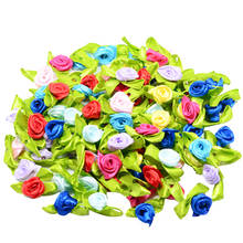 Cinta de satén pequeña enrollada, flor de capullo de rosa con hojas de satén verde, decoración de boda, apliques de costura artesanal DIY, 100 piezas 2024 - compra barato