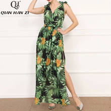 Vestido longo de verão qian han zi, vestido sexy para mulheres, decote em v, estampa de folha de abacaxi verde casual e de praia 2024 - compre barato