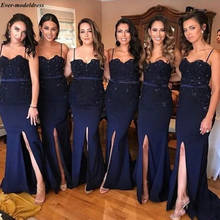 Vestido de dama de Honor azul marino oscuro para fiesta de boda, con tirantes finos, abertura lateral, elegante, vestido de recepción, dama de Honor para niñas 2024 - compra barato