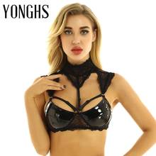 Womens Lingerie Latex Sexy Bra Erotic Sheer Lace Halter Neck Patent Leather Cups Hollow Out Wire-free Unlined Hot Bra Crop Tops 2024 - buy cheap