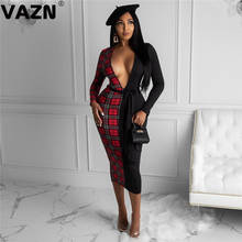 Высококачественное классическое винтажное пикантное Повседневное платье-миди VAZN 2020 в клетку, составного кроя, с длинным рукавом, на шнуровке, женское тонкое платье с высокой талией 2024 - купить недорого