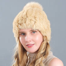 Chapéu feminino natural de pele de coelho, touca elástica quente artesanal de malha com pompoms de pelo de raposa, novo inverno, 2020 2024 - compre barato
