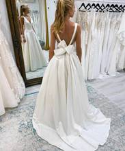 Vestidos de novia de satén con cuello en V para mujer, vestido de novia largo, plisado, blanco, Sexy, con bolsillos, plisado, con lazo 2024 - compra barato