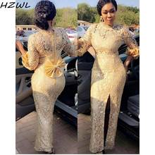 Aso Ebi Lace  Mermaid Evening Dresses Bow Jewel Three Quater Sleeves  Prom Dress Front Split Nignia Party Gowns 2024 - buy cheap