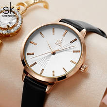 Shengke relógio de pulso feminino em couro, clássico, preto, quartzo, pulseira de relógio para mulheres, casual, à prova d'água, para presente, para esposa 2024 - compre barato