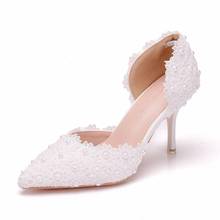 Sandalias de tacón alto de encaje blanco para mujer, zapatos de boda de tacón medio puntiagudos, de 7,5 cm, para banquete 2024 - compra barato