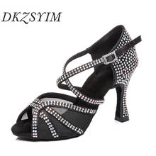 DKZSYIM Latin Dance Shoes For Women female ladies Satin+Mesh Rhinestone Open Toes Tango/Salsa Sandals Elegant  Dance Shoes High 2024 - buy cheap