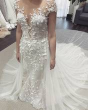 2020 Romantic Arabic Muslim Wedding Dresses Mermaid Lace Appliques Wedding Dress Court Train Princess Sheer Neck Bride Dress 2024 - buy cheap