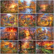 AZQSD Full Drill Diamond Painting Sunset House Autumn Cross Stitch Diamond Embroidery Landscape Forest Rhinestones Home Decor 2024 - buy cheap