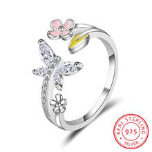 100% 925 Sterling Silver Love of Butterfly Pink Flower Leaf Simple Open Rings for Women Wedding Silver Fine Jewelry Party Gift 2024 - buy cheap