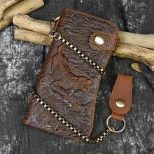 Newsbirds Fashion Iron Chain Wallet Genuine Leather Men Wallets Male Purse Crazy Horse Leather Bifold Long Wallet Tiger Embossed 2024 - buy cheap
