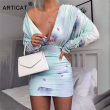 Articat Angel, сексуальное облегающее платье с принтом, для женщин, глубокий v-образный вырез, длинный рукав , с рюшами, облегающее мини, осеннее платье для вечеринки, короткое, Vestidos 2024 - купить недорого