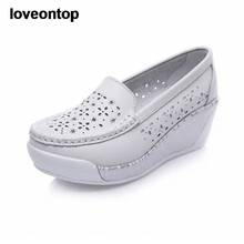 Loveontop Summer Women Wedges Platform Leather Loafers Slip on Shoes Lady Flats Female Split Leather Round Toe Moccasins 2024 - buy cheap