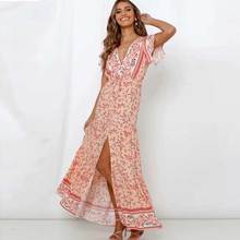 BOHO Peach print maxi dress Elastic waist Rayon 2020 new summer sexy deep v veck women casual long boho dress chic vestidos 2024 - buy cheap